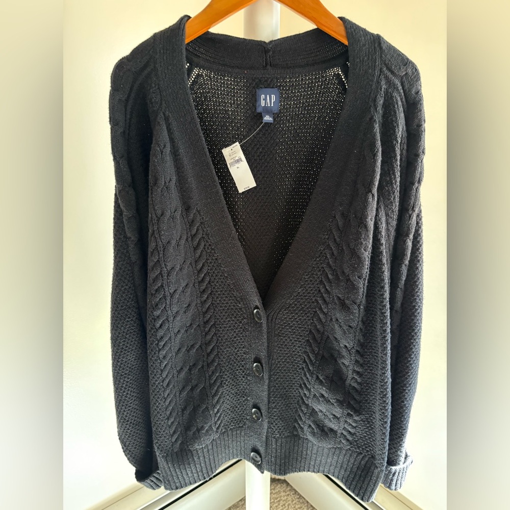 (NEW) GAP Women's Black Cable-Knit Cardigan Sweater — Size XL